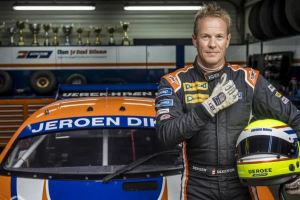 Jeroen Dik, a Dutch diesel racing champion, posing in front of his race car in a racing suit, holding his helmet with trophies visible in the background.