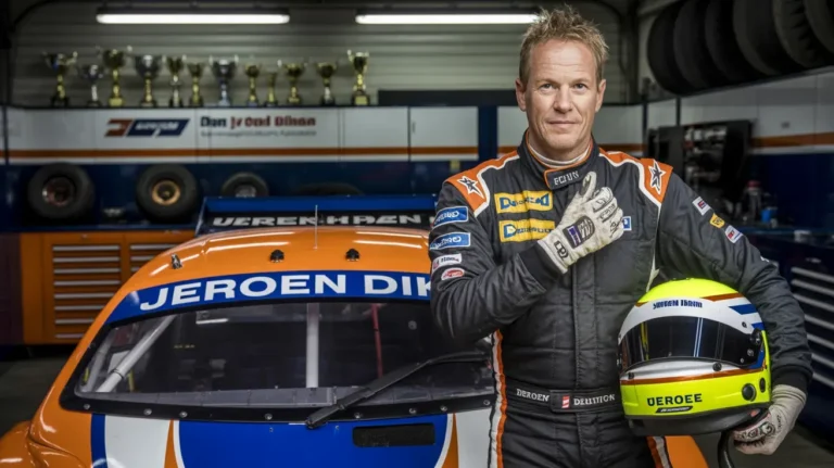 Jeroen Dik, a Dutch diesel racing champion, posing in front of his race car in a racing suit, holding his helmet with trophies visible in the background.