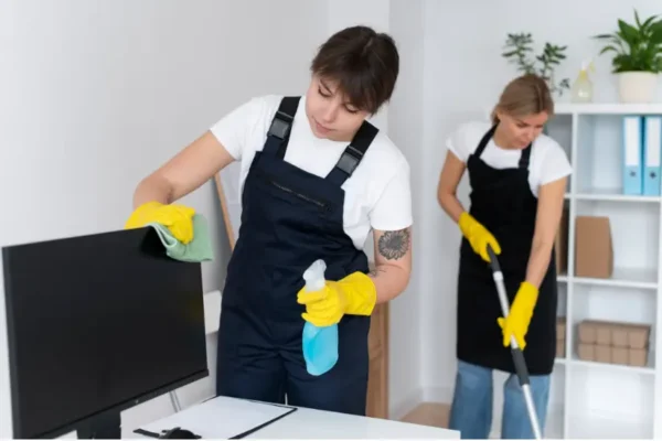 Two professional cleaners in black aprons and yellow gloves performing deep cleaning — one wiping a monitor screen with a spray bottle and cloth, the other mopping the floor in a bright indoor space.